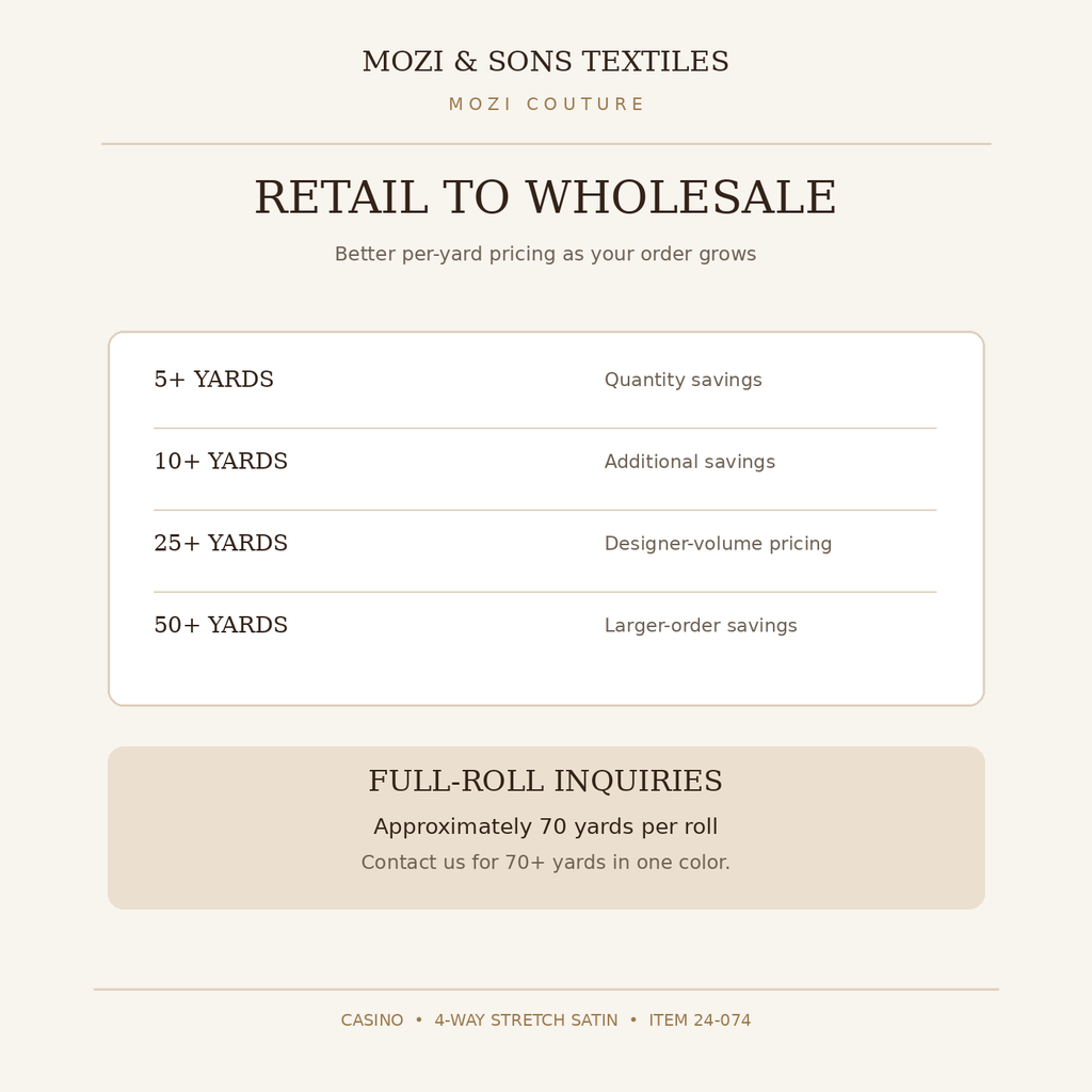 Casino Satin wholesale quantity pricing overview; contact for full rolls around 70 yards