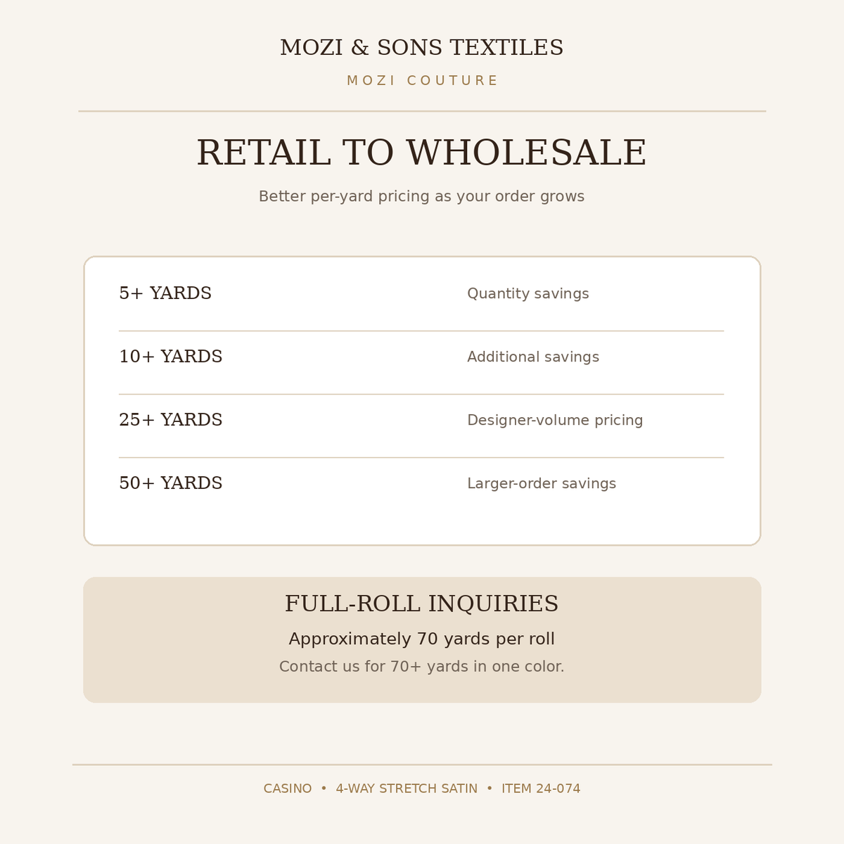 Casino Satin wholesale quantity pricing overview; contact for full rolls around 70 yards