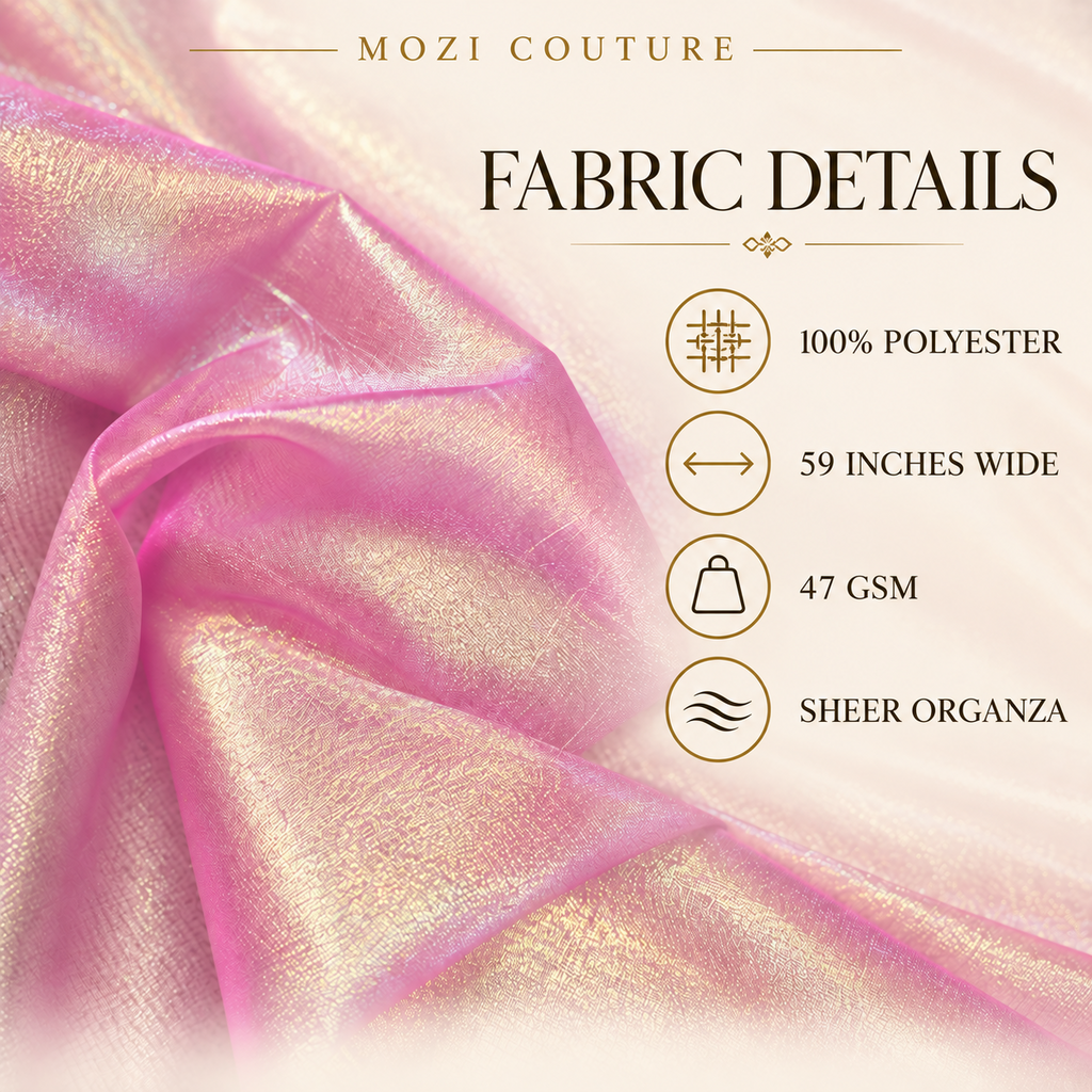 Iridescent Metallic Organza fabric details - 100% polyester, 59 inches, 47 GSM