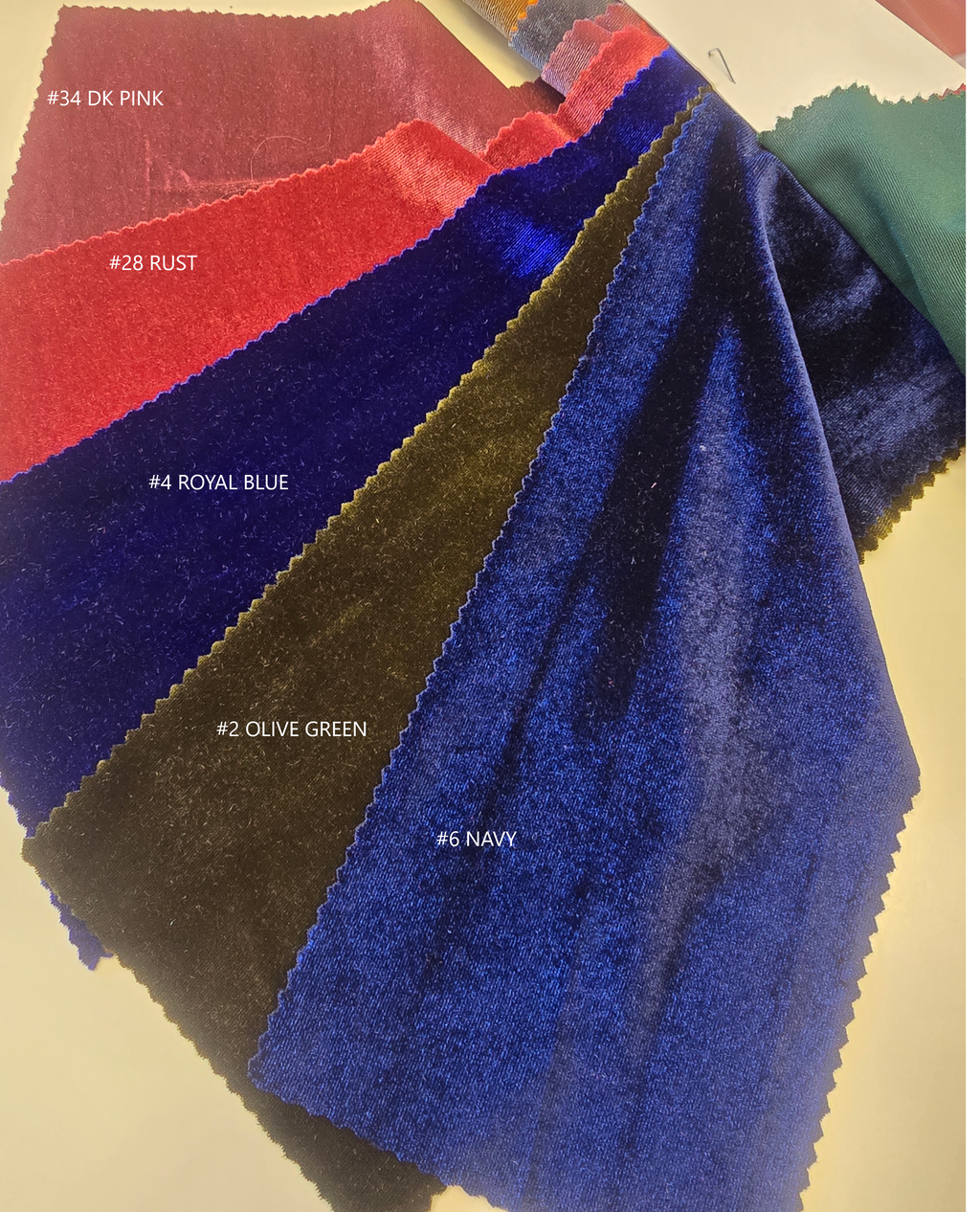 Dark pink, rust, royal blue, olive green and navy. Original supplier numbers shown.