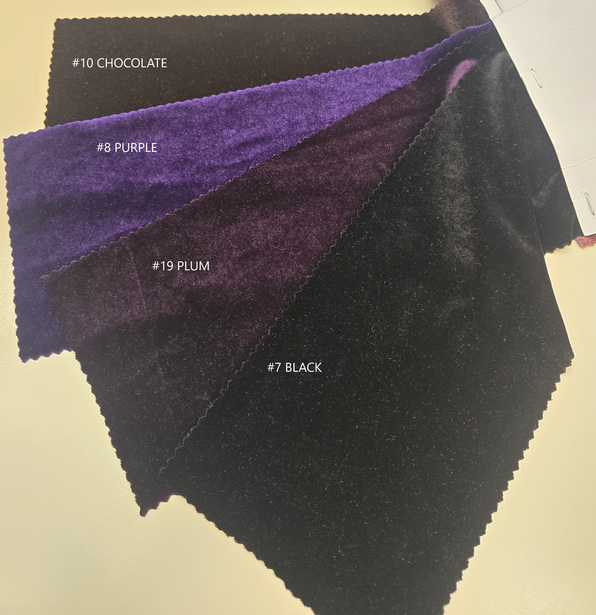 Chocolate, purple, plum and black. Original supplier numbers shown.