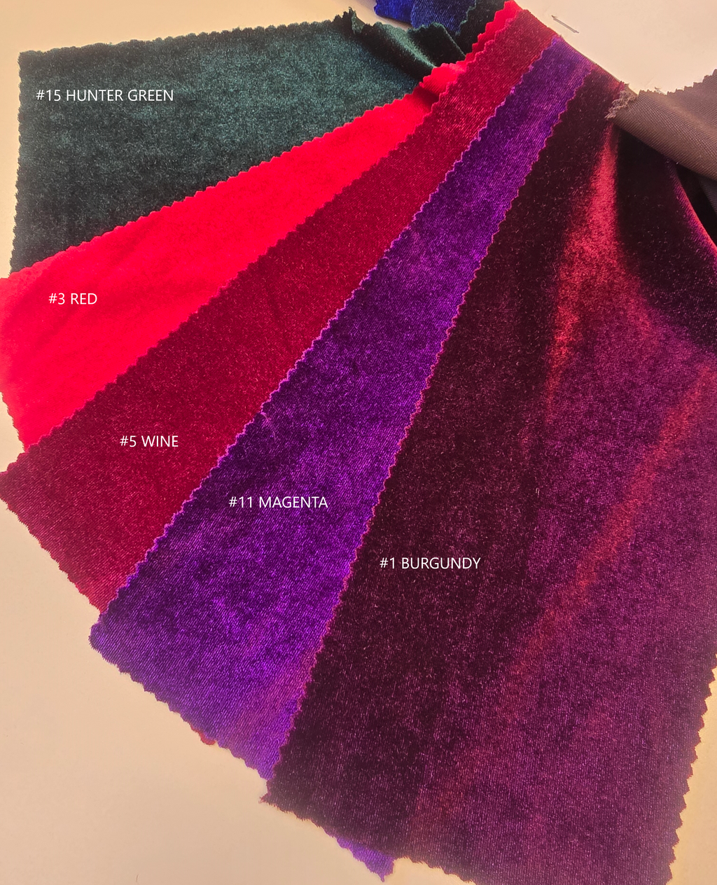 Hunter green, red, wine, magenta and burgundy. Original supplier numbers shown.