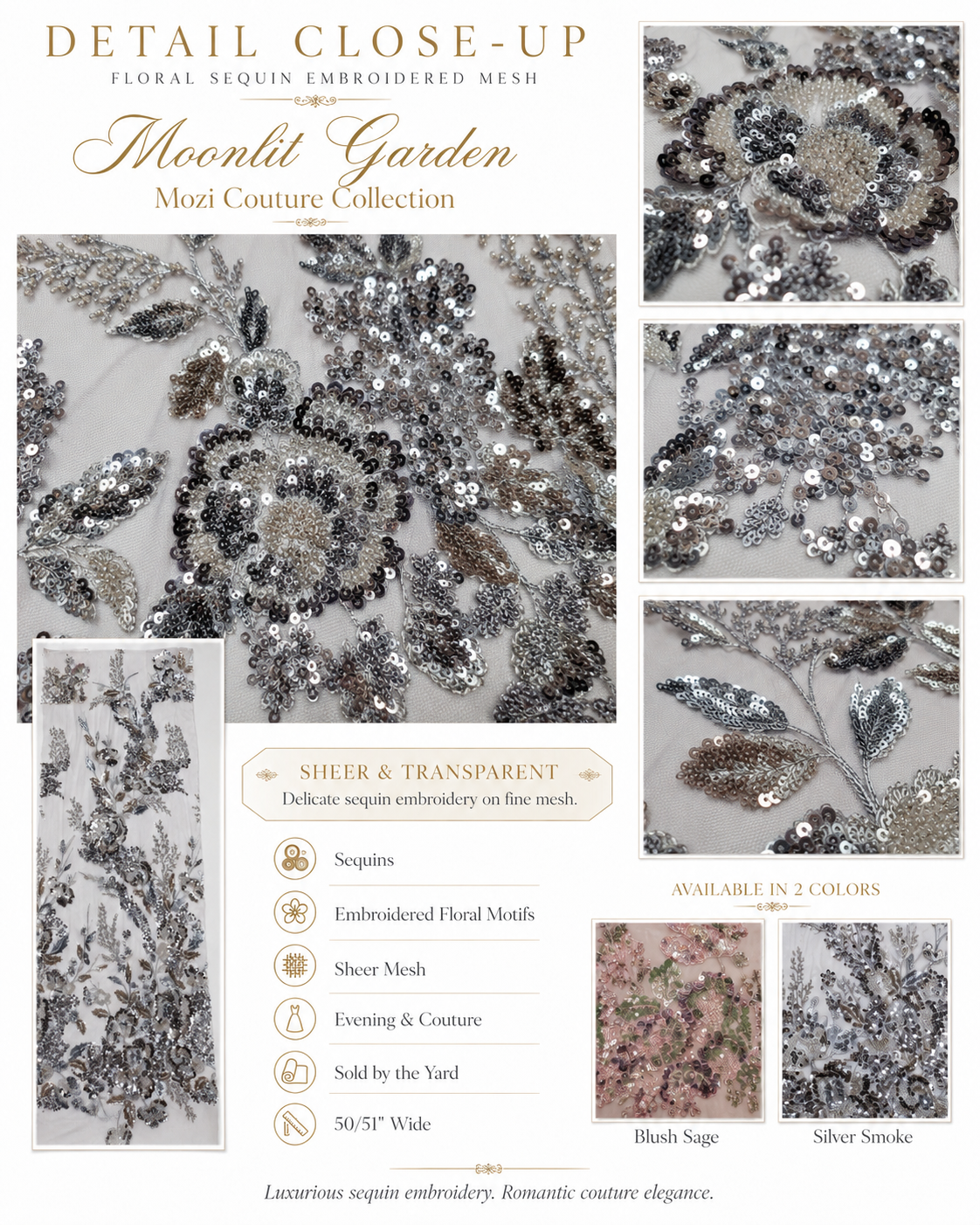 Close-up of Moonlit Garden floral sequin embroidery and beadwork