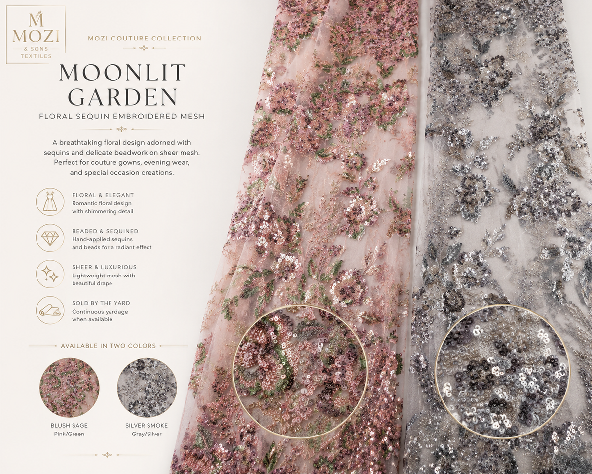 Moonlit Garden floral sequin embroidered mesh — Blush Sage and Silver Smoke