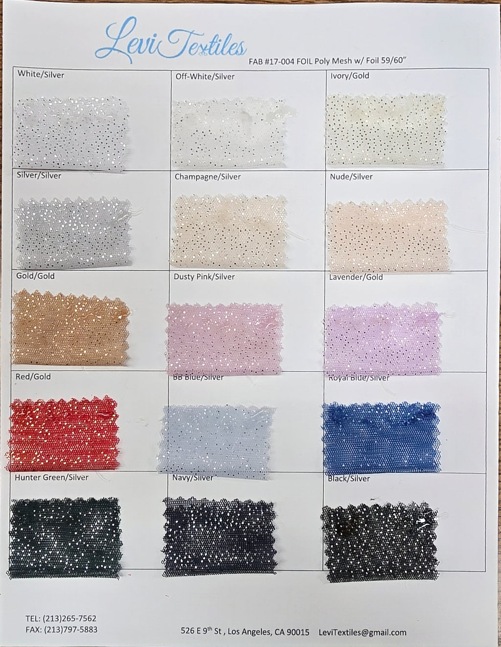 FAB #17-004 foil mesh color chart: mesh color and foil color, 59–60 inches wide