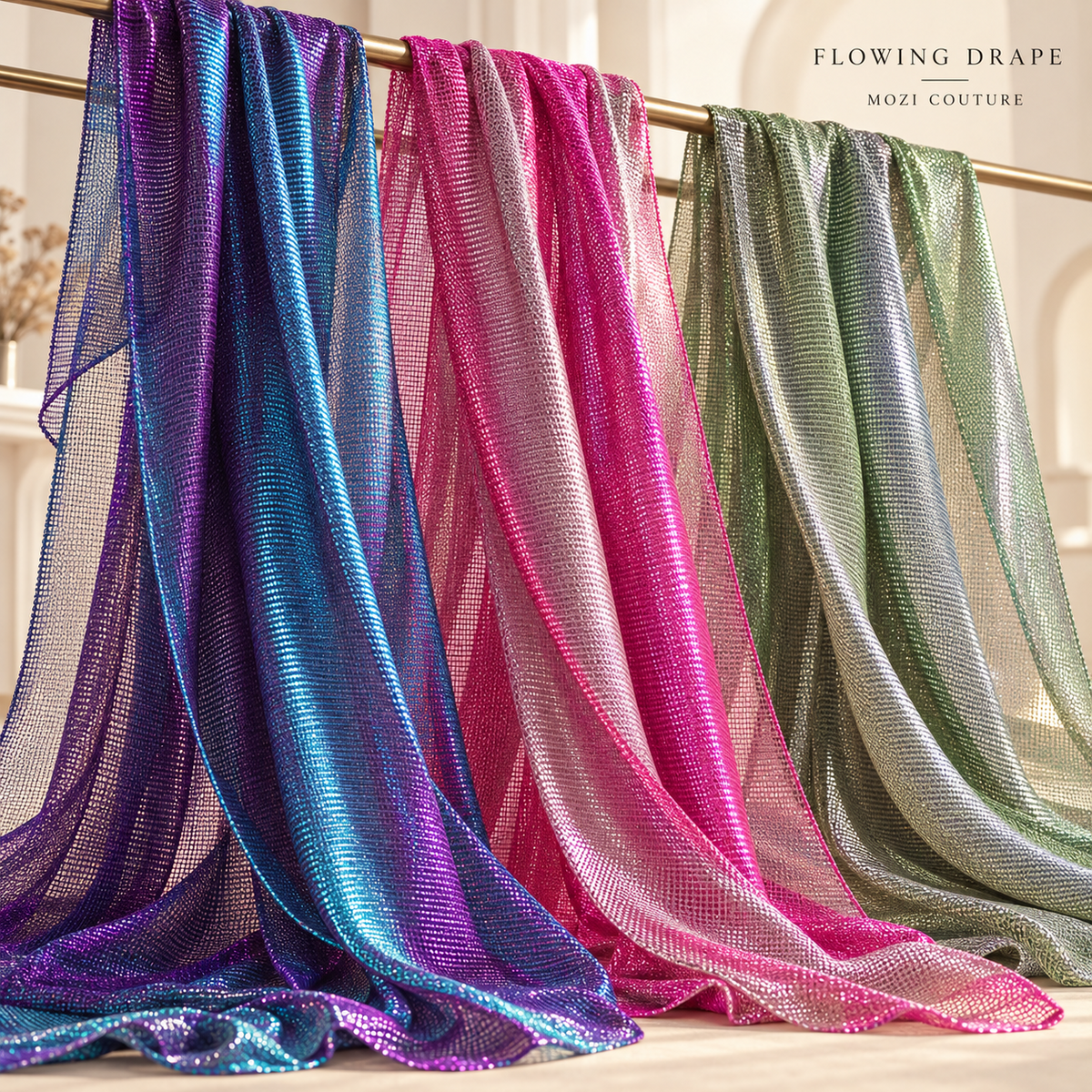 Mozi Couture metallic mesh flowing drape — AI-assisted styling illustration