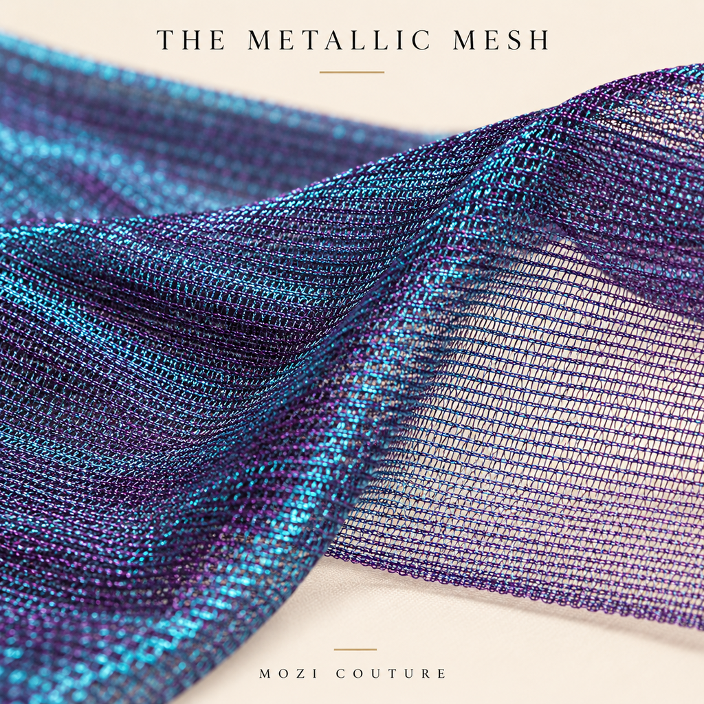 Mozi Couture metallic mesh close-up — AI-assisted styling illustration