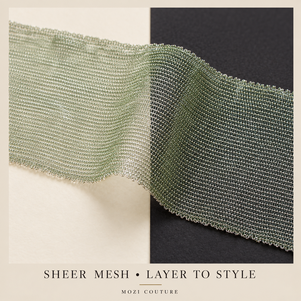 Mozi Couture sheer mesh shown over light and dark backgrounds — AI-assisted illustration