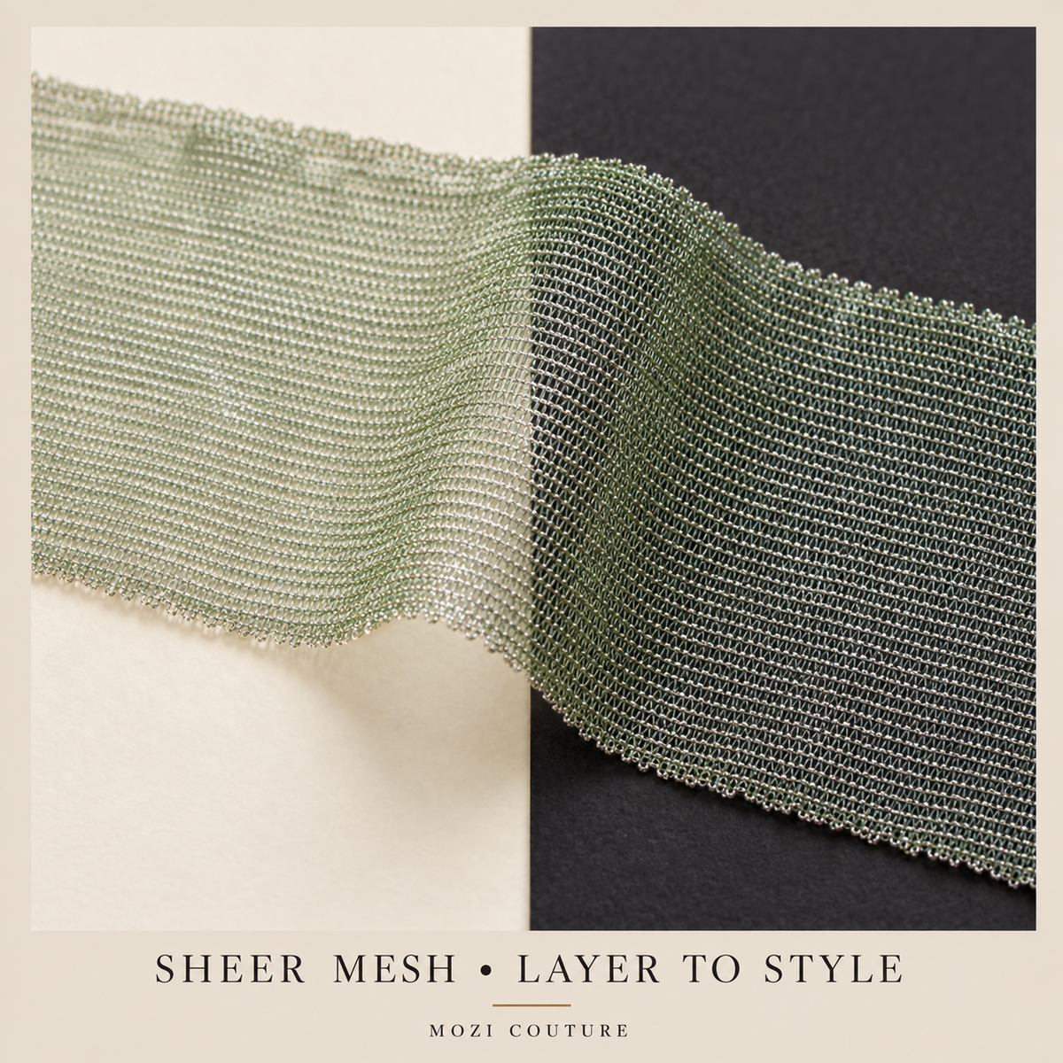 Mozi Couture sheer mesh shown over light and dark backgrounds — AI-assisted illustration