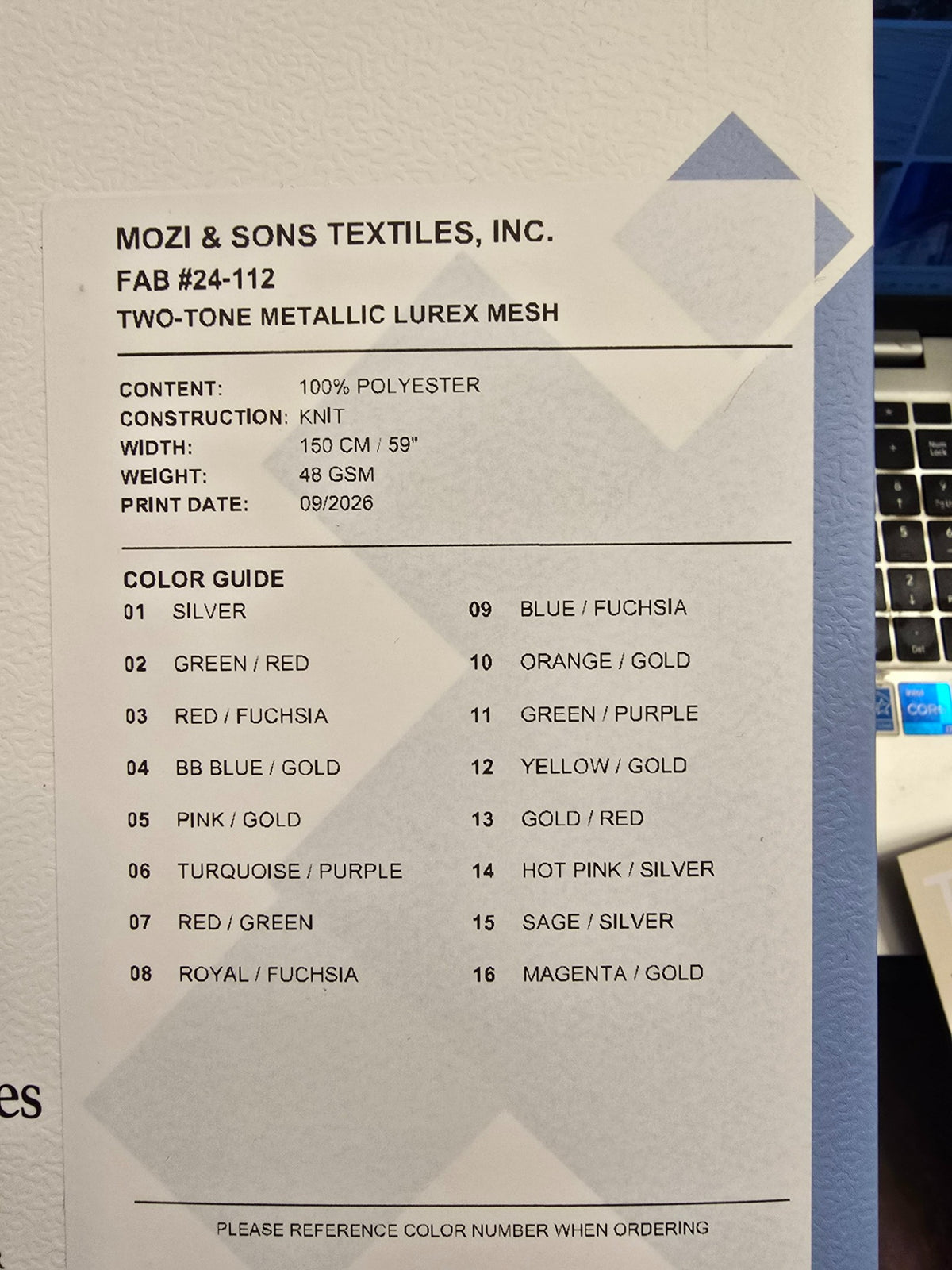 Supplier card for #24-112: polyester knit, 150 cm width, 48 GSM and numbered color guide