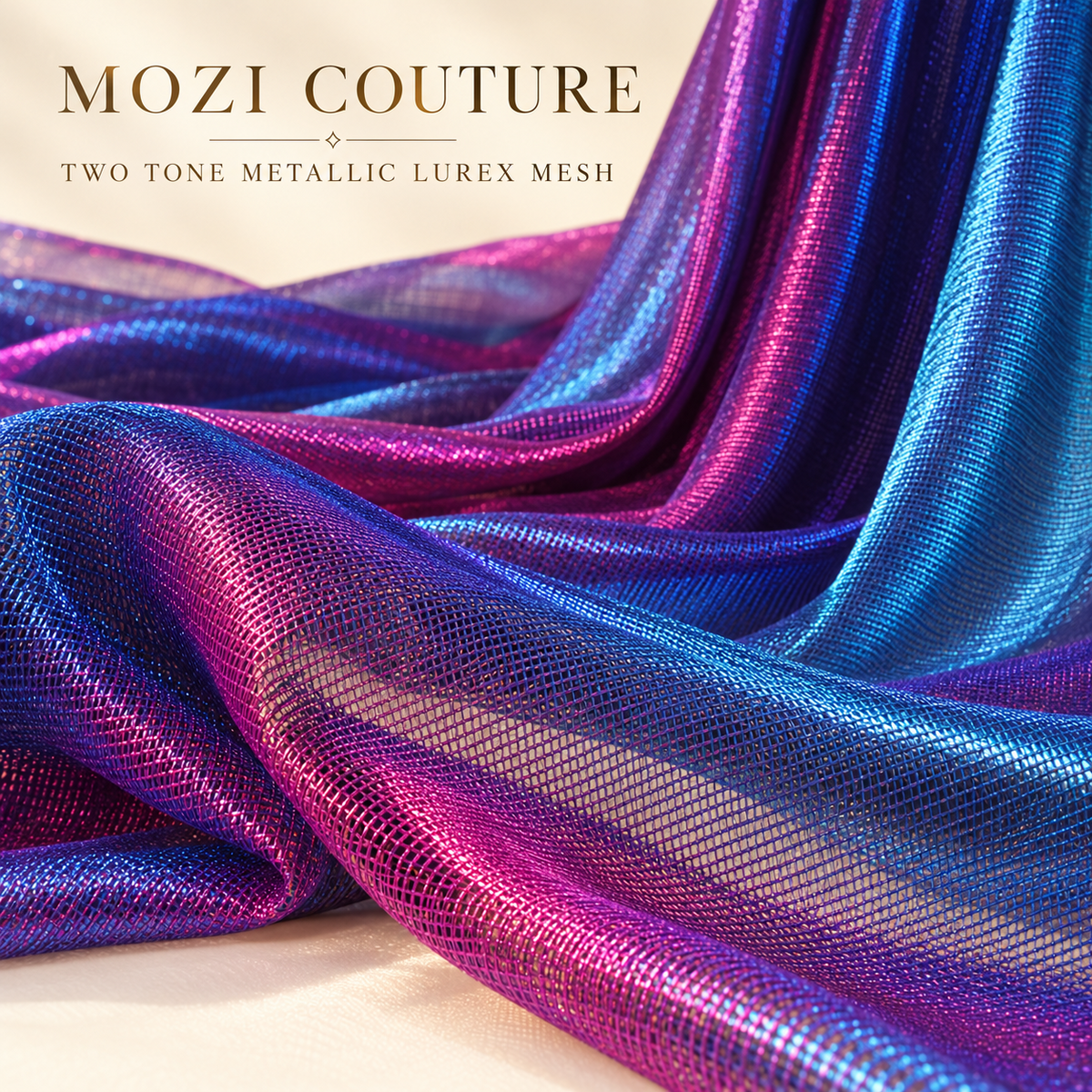 AI-assisted styling illustration of two-tone metallic mesh; refer to actual fabric photos for color