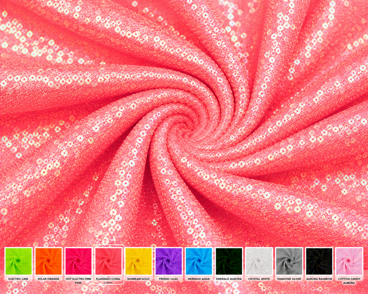 Flamingo Coral 3mm iridescent sequin fabric – close-up color image