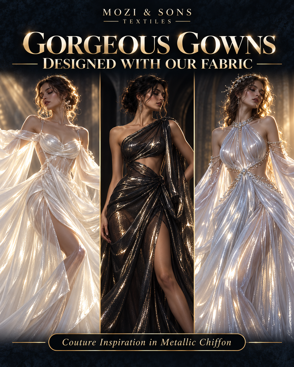 AI-generated inspiration: gown design concepts showing possible uses of metallic chiffon; not photos of finished Mozi garments