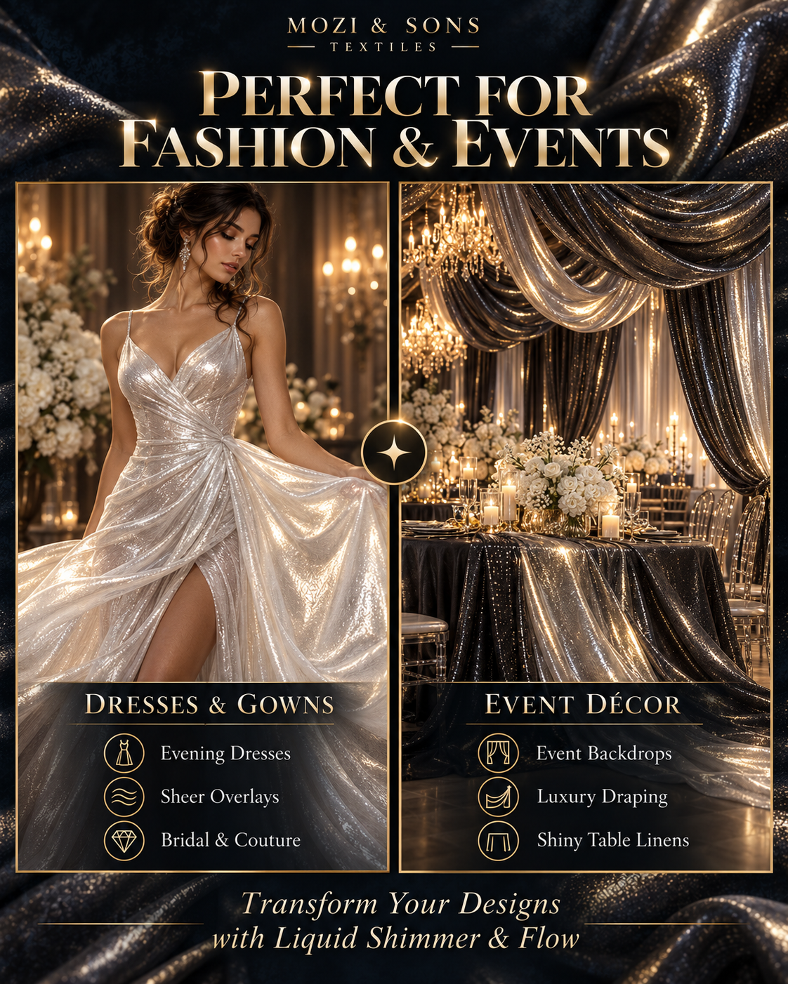 AI-generated inspiration: bridal gowns and decorative draping concepts; not actual customer projects