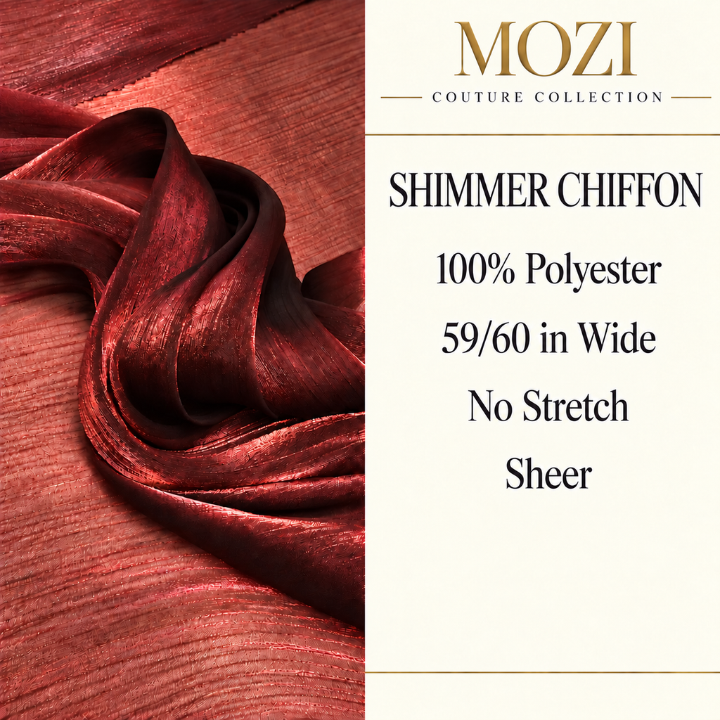 Shimmer Chiffon specifications: 100% polyester, 59–60 inches wide, no stretch, sheer